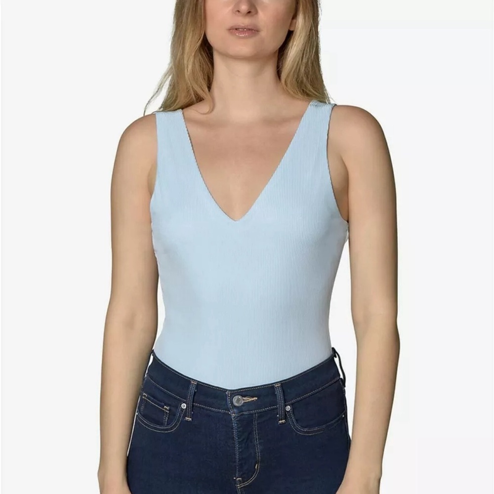 Just Polly Juniors' Rib-Knit Sleeveless Bodysuit Light Blue Size XL